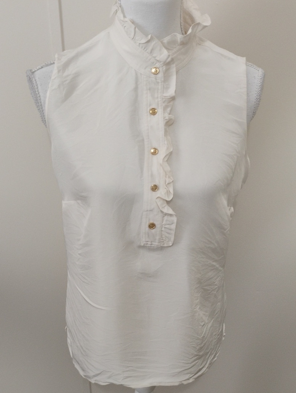 Talbots Silk Sleeveless Ruffled Henley Blouse - Cream with Gold Buttons